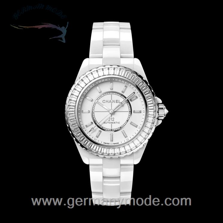 ساعت مچی زنانه مردانه سرامیکی الماس نشان شنل فرانسه CHANEL J12 BAGUETTE DIAMANTLÜNETTE UHR KALIBER 12.1, 38 MM H7431