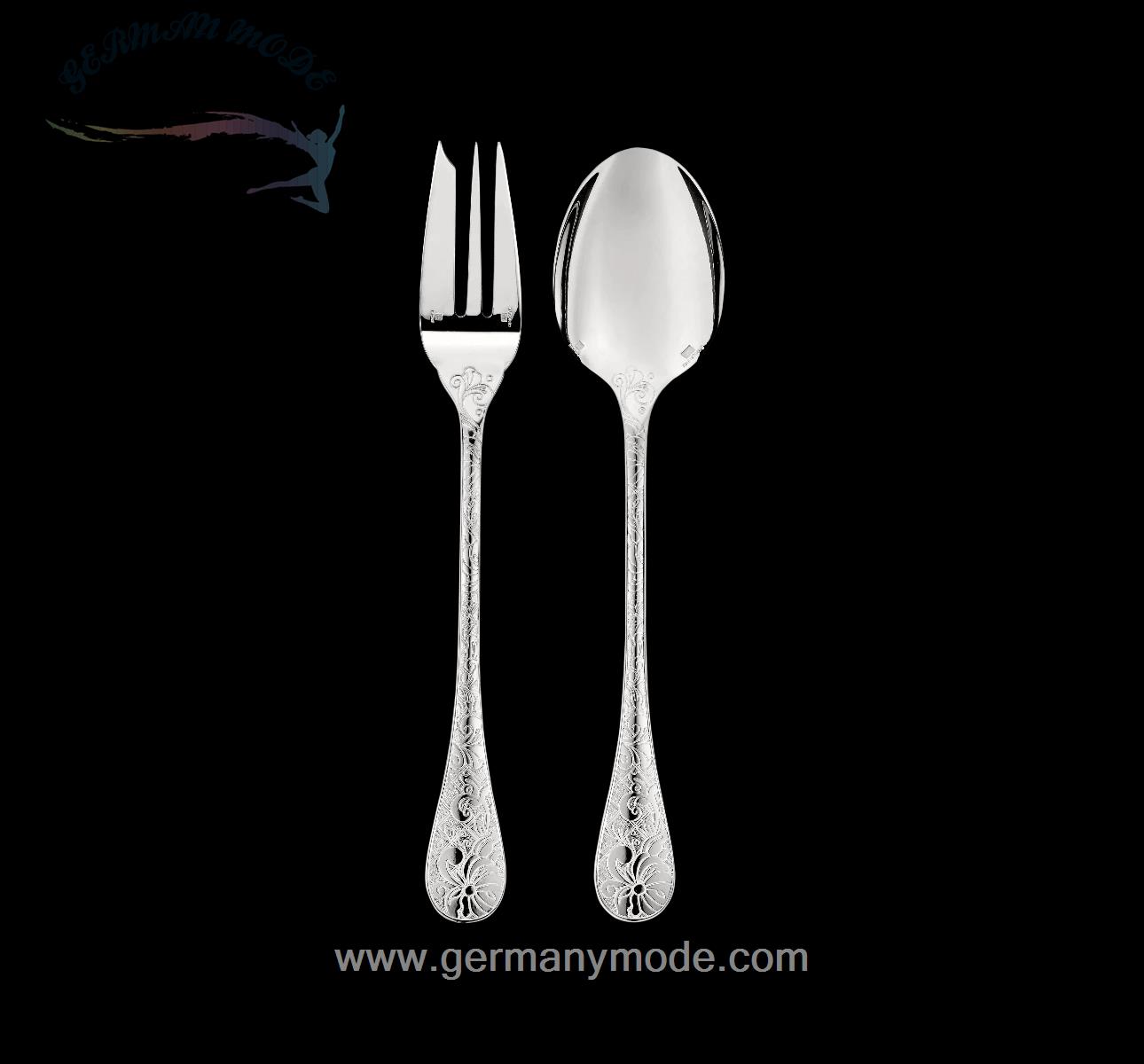 قاشق چنگال غذاخوری سالاد روکش نقره با قاب کریستوفل فرانسه Christofle JARDIN D'EDEN Silver-Plated Salad Serving Set