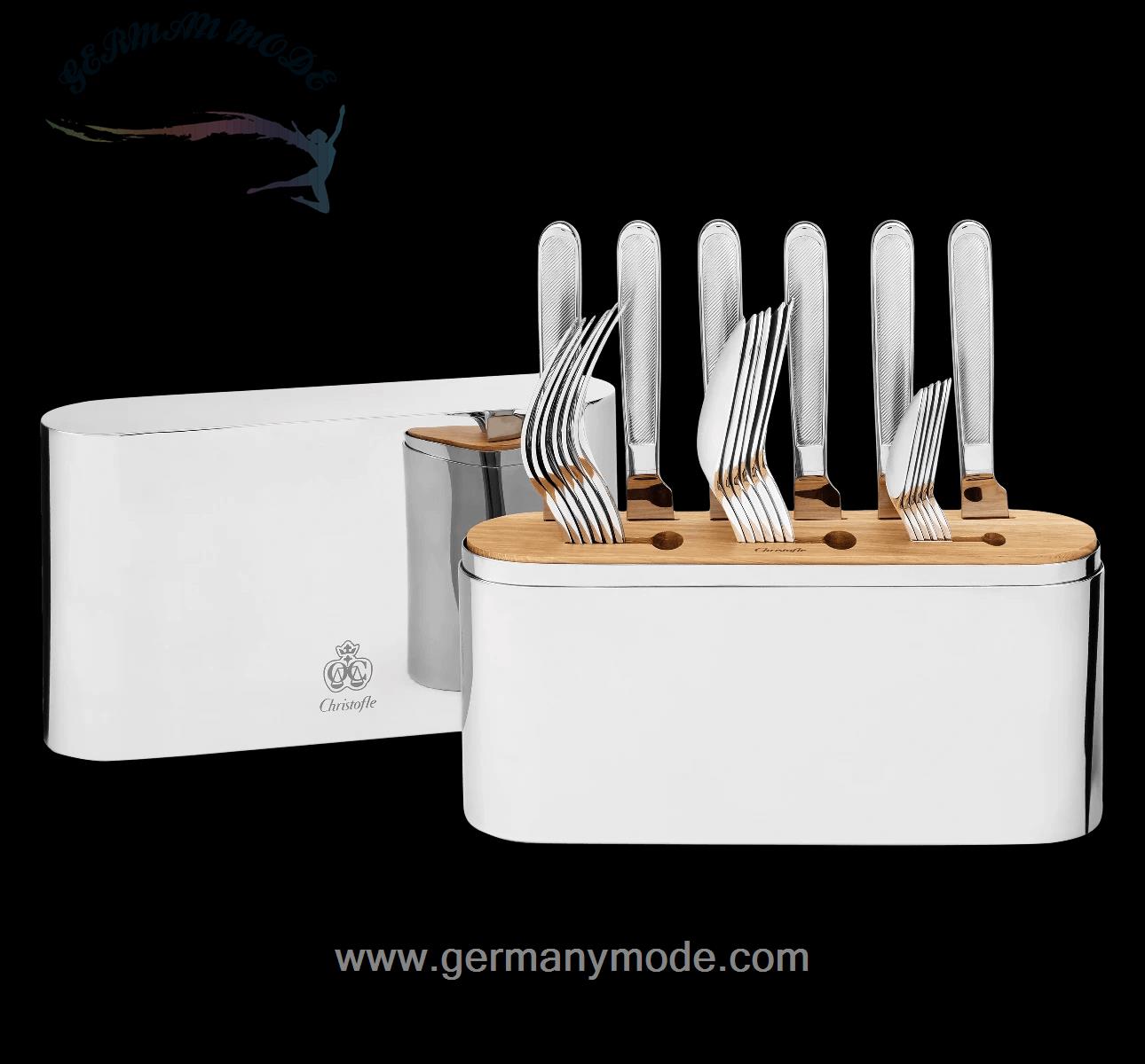 سرویس قاشق چنگال روکش نقره 24 قطعه با قاب کریستوفل فرانسه Christofle 24-Piece Stainless Steel Flatware Set with Chest