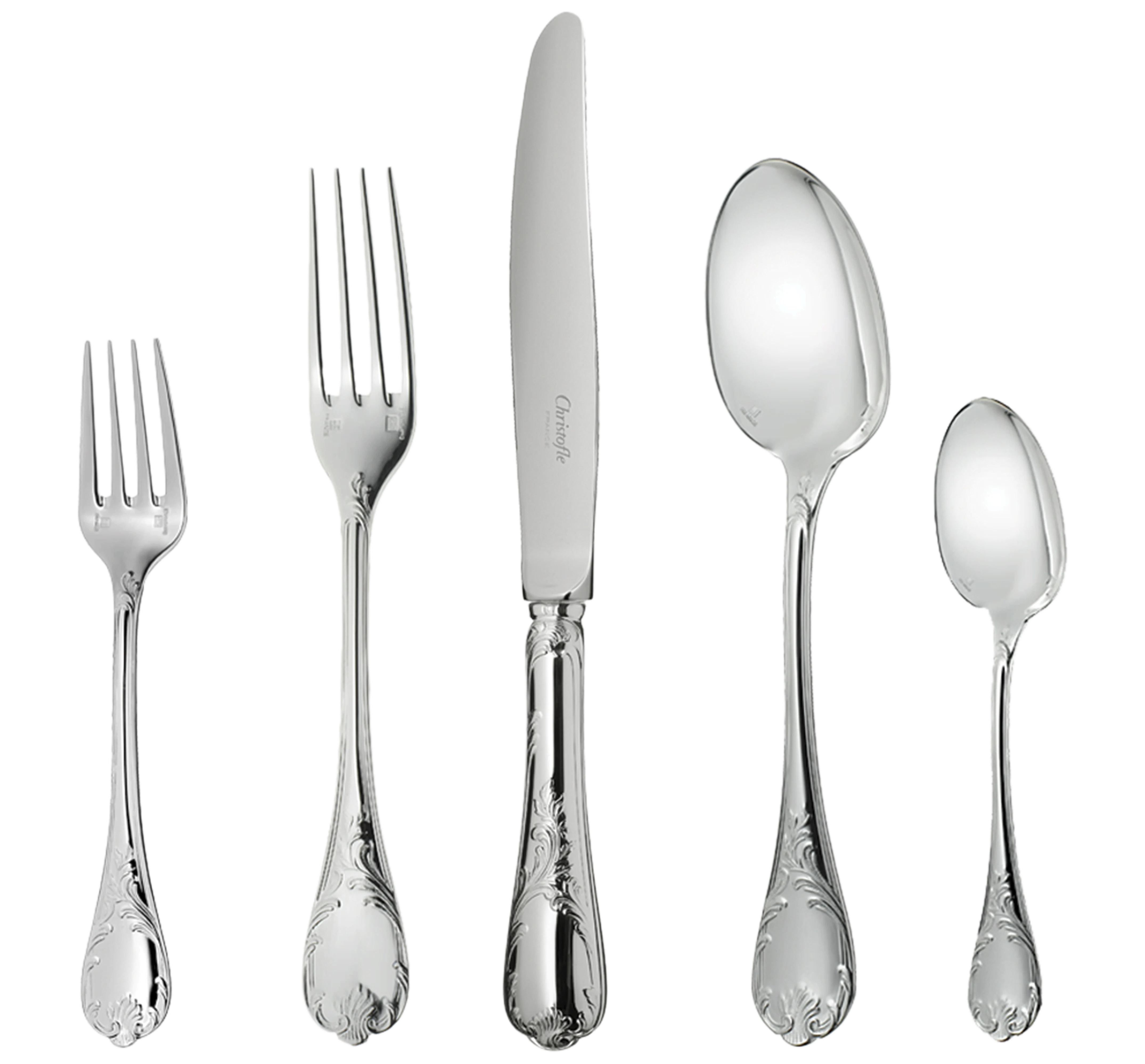 سرویس قاشق چنگال 5 پارچه با روکش نقره کریستوفل فرانسه CHRISTOFLE MARLY 5-Piece Silver Plated Flatware Set