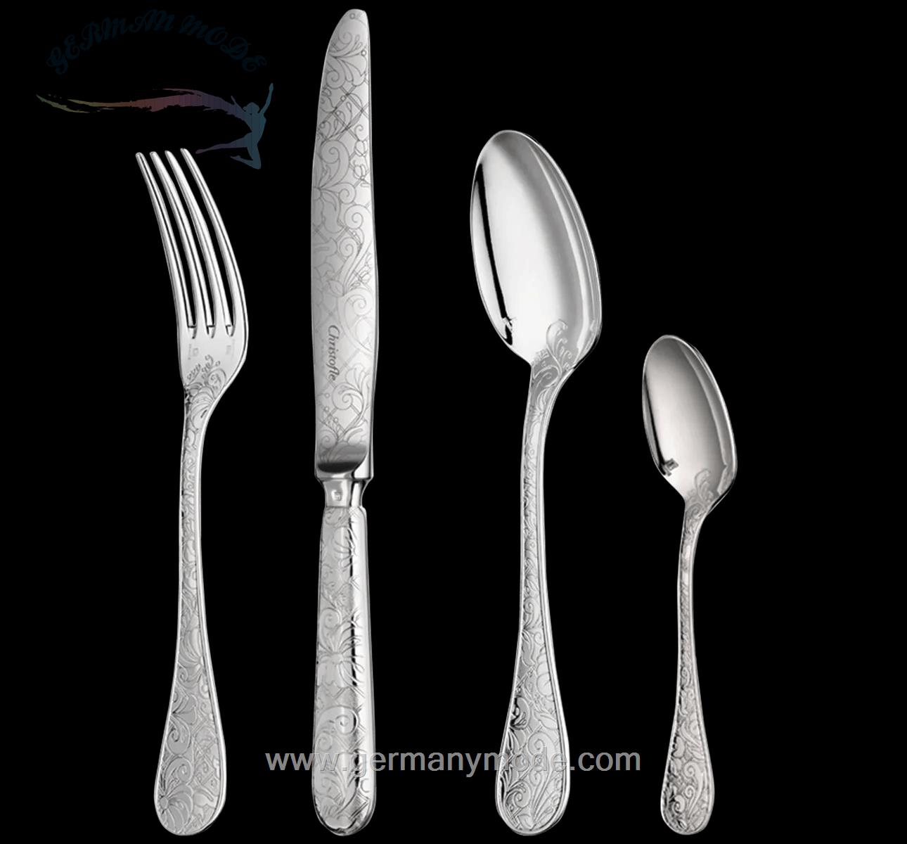سرویس قاشق چنگال 24 پارچه با روکش نقره کریستوفل فرانسه CHRISTOFLE 24-Piece Silver-Plated Flatware Set with Free Chest