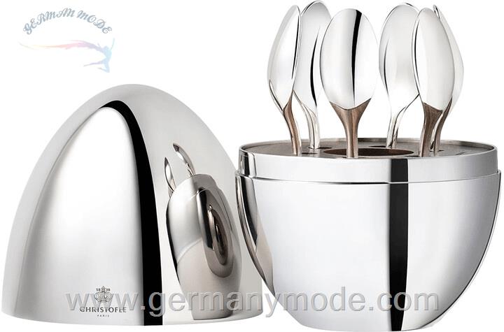 سرویس قاشق چنگال رو کش نقره 6 قطعه با قاب تخم مرغی کریستوفل فرانسه Christofle Mood 6-Piece Silver Espresso Spoon Set with Chest